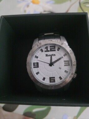 Roots Silver Stainless Steel Men's Watch with White Dial and Black Markers